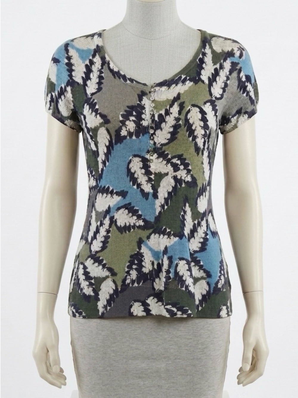 NIC+ZOE Canopy Leaf Print Linen Blend Knit Tee Top Size L EUC
